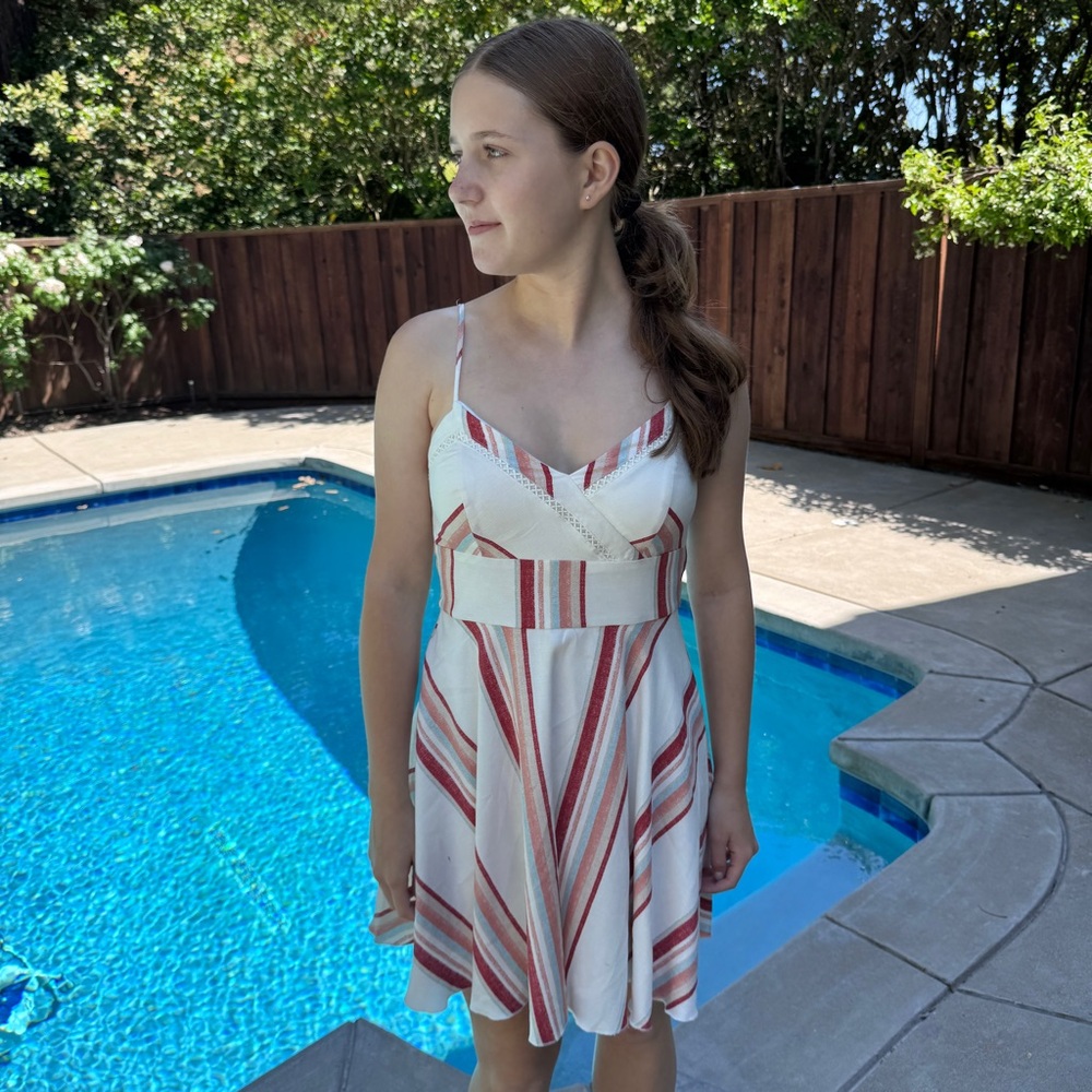 mi ami striped sundress in ivory and red